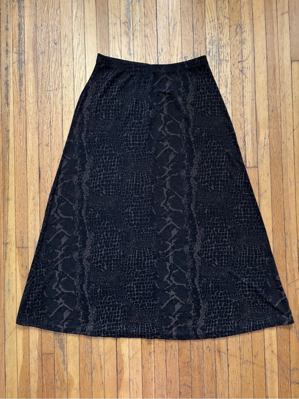 Vintage 90s slinky stretchy black and brown snake print maxi skirt paper tag